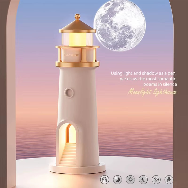 Moon Projection Night Lights Remote Control Lighthouse Ambient Light Bluetooth Music Motion Sensor Creative Desktop Decor Gifts